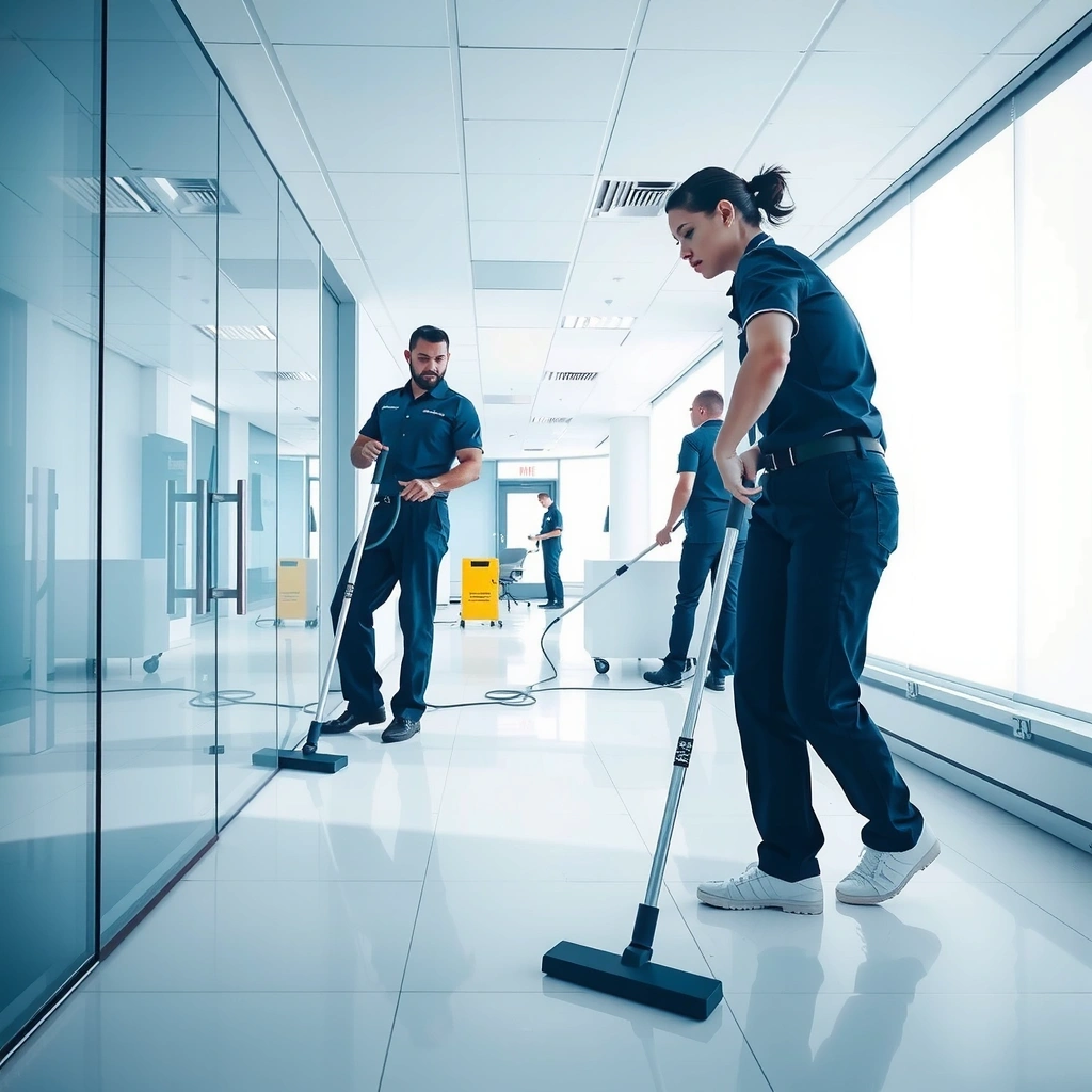 Professional cleaning team working in modern office space