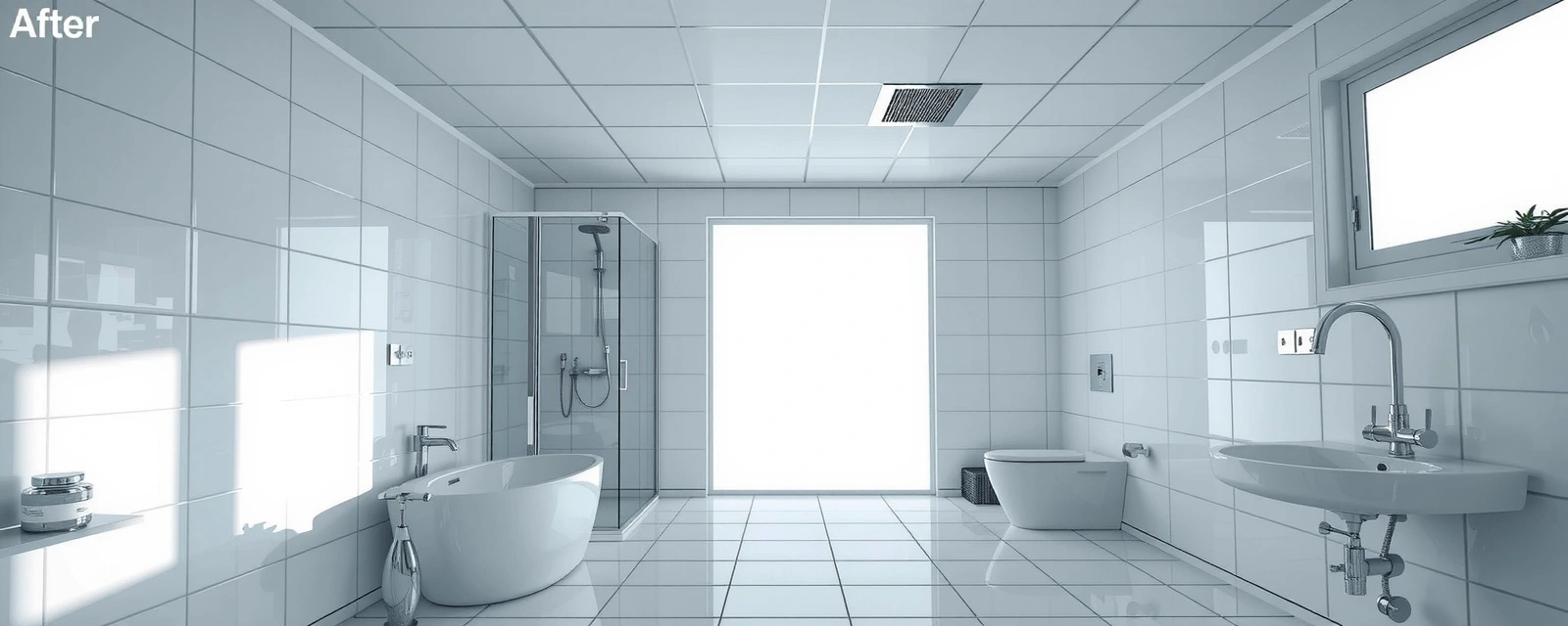 Bathroom after cleaning - spotless tiles, white grout, gleaming fixtures