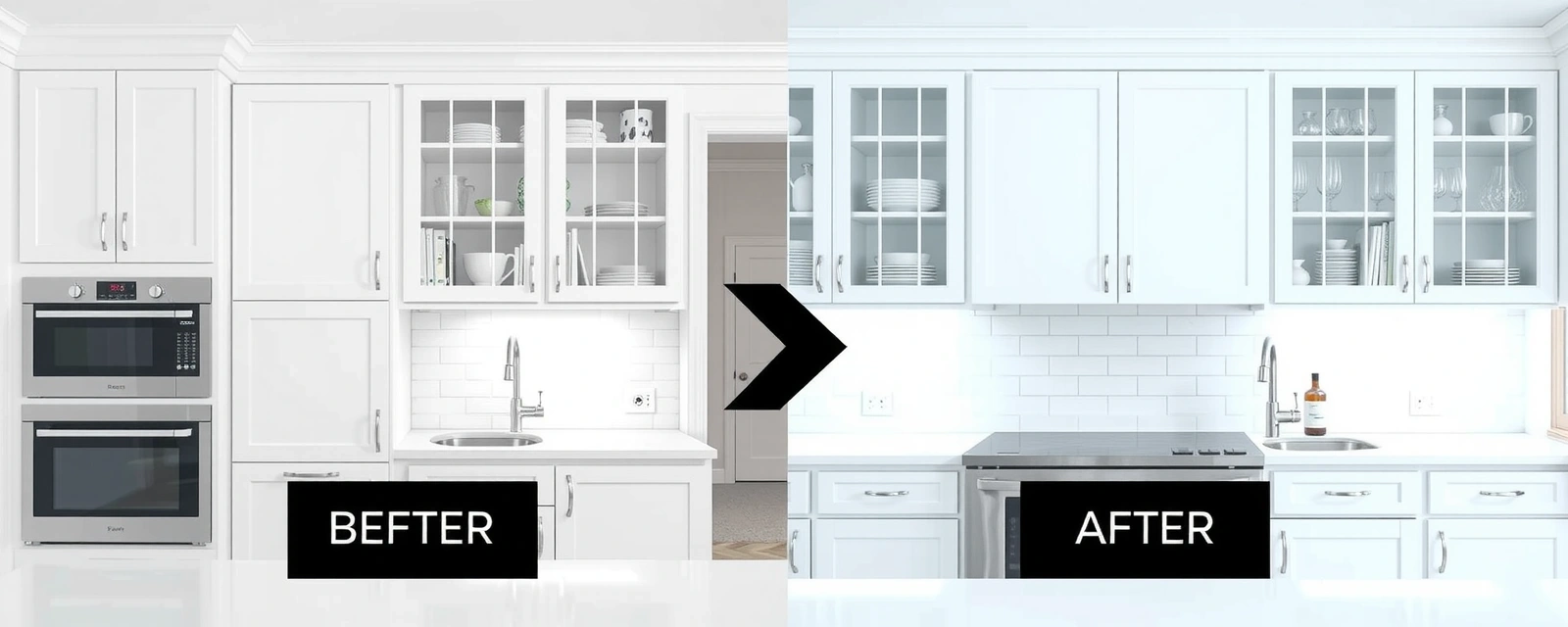 Kitchen after deep cleaning - pristine surfaces, organized cabinets, spotless appliances