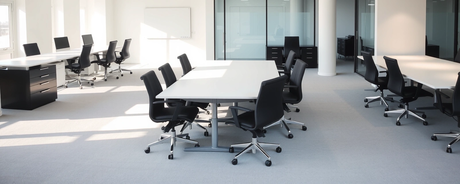 Office space after cleaning - organized workspace, clean carpets, sanitized surfaces