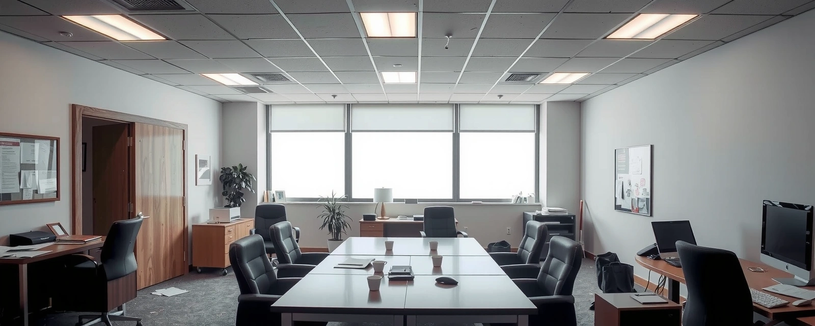 Office space before cleaning - cluttered desks, stained carpets, dusty surfaces